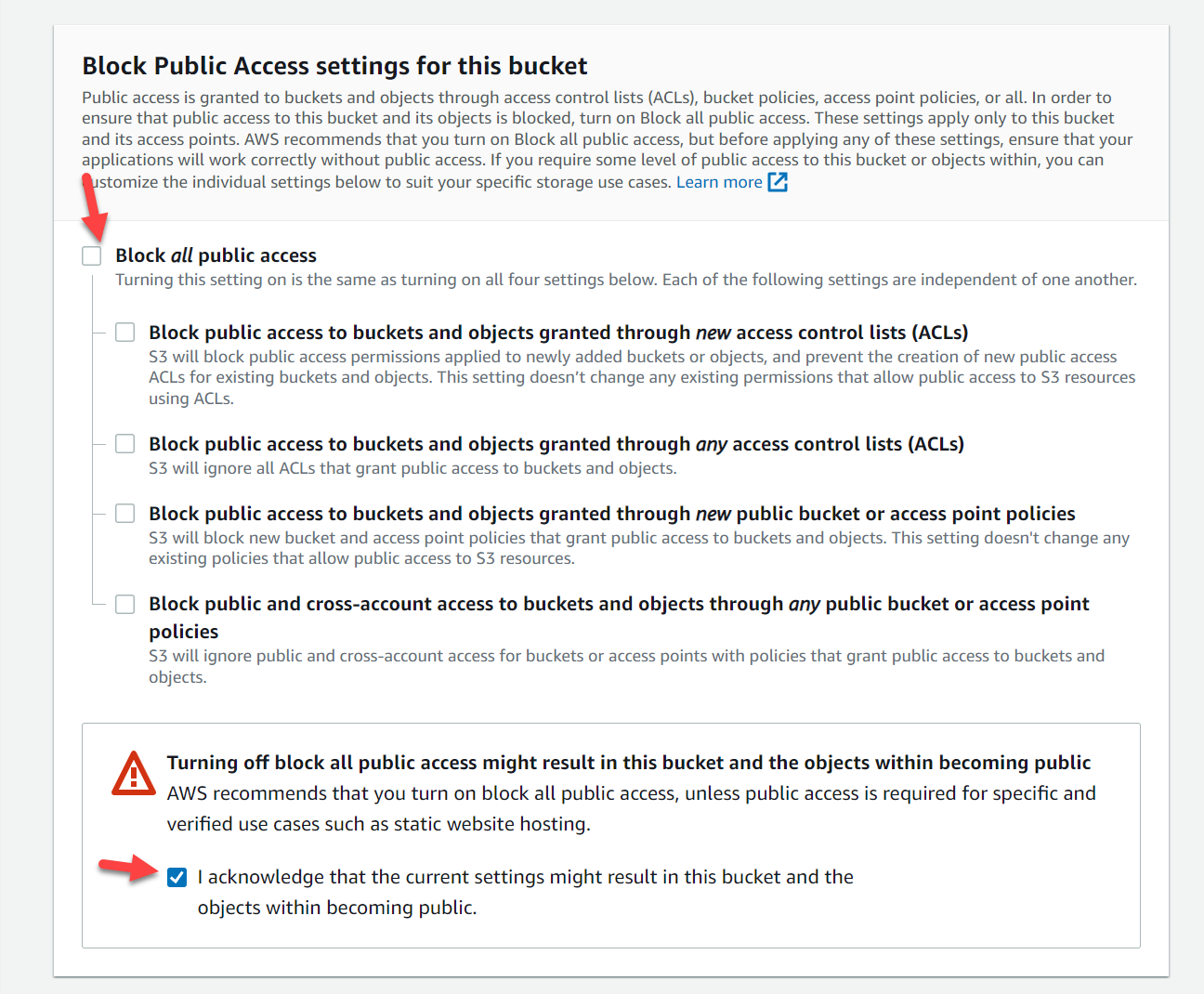 Uncheck the block public access box